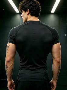 Gym Rark Kaos Olahraga Pria Lengan Pendek Raglan Leher Bulat dengan Garis Putus-putus - Hitam - View 4