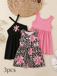 SHEIN Playful Pals 3件組女嬰時尚多巴胺色無袖洋裝套裝，夏季戶外穿著 - 彩色 - 查看 2