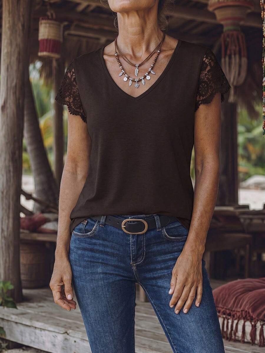EMERY ROSE Women's Solid Color V-Neck Contrast Lace Cap Sleeve Fashionable T-Shirt - Coffee Brown - View 1