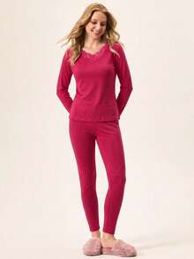 SHEIN Cottnline 2pcs Cotton V Neck Lace Detail Homewear Set - Hot Pink - View 3