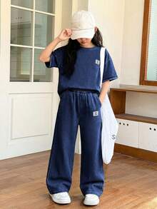 SHEIN Tween Girl Letter Print Short Sleeve Top And Denim Pants Set - Dark Wash - View 4