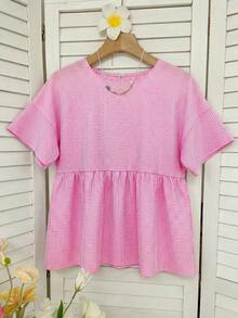 SHEIN EZwear 大尺碼女款圓領條紋百褶休閒百搭日常出遊襯衫 - 粉色 - 查看 6