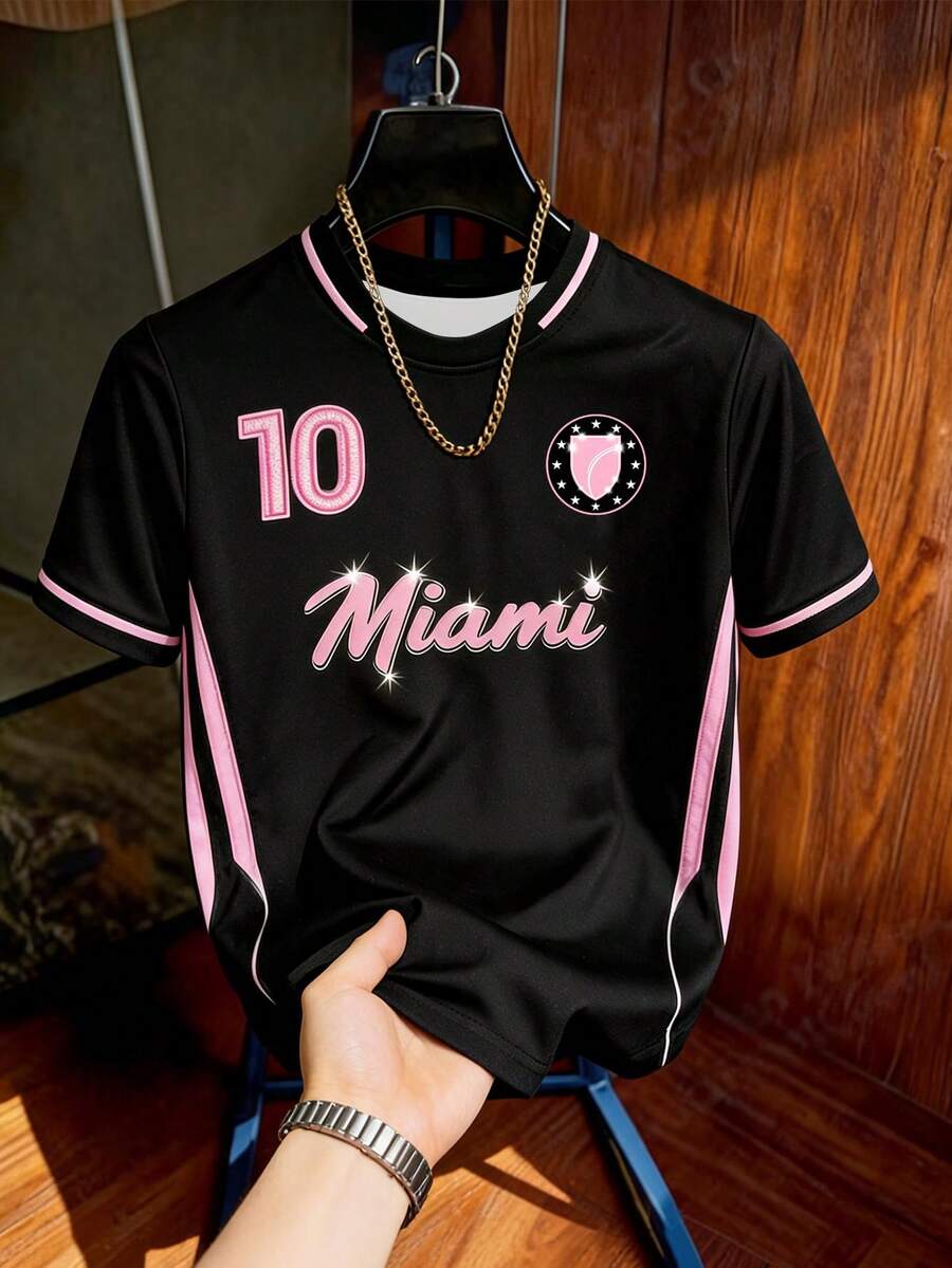 Aesthetic Post Men's Short Sleeve Crew Neck Letter & Number Print Sports T-Shirt - Black - View 1