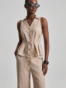 Ontre Women's Summer Casual Front Button Sleeveless Shirt And Pants 2 Pieces Set - Khaki - View 4