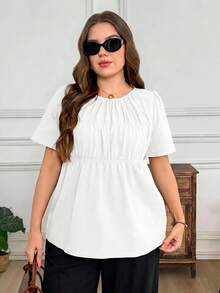 SHEIN LUNE 大尺碼夏季休閒素色短袖襯衫 - 白色 - 查看 4