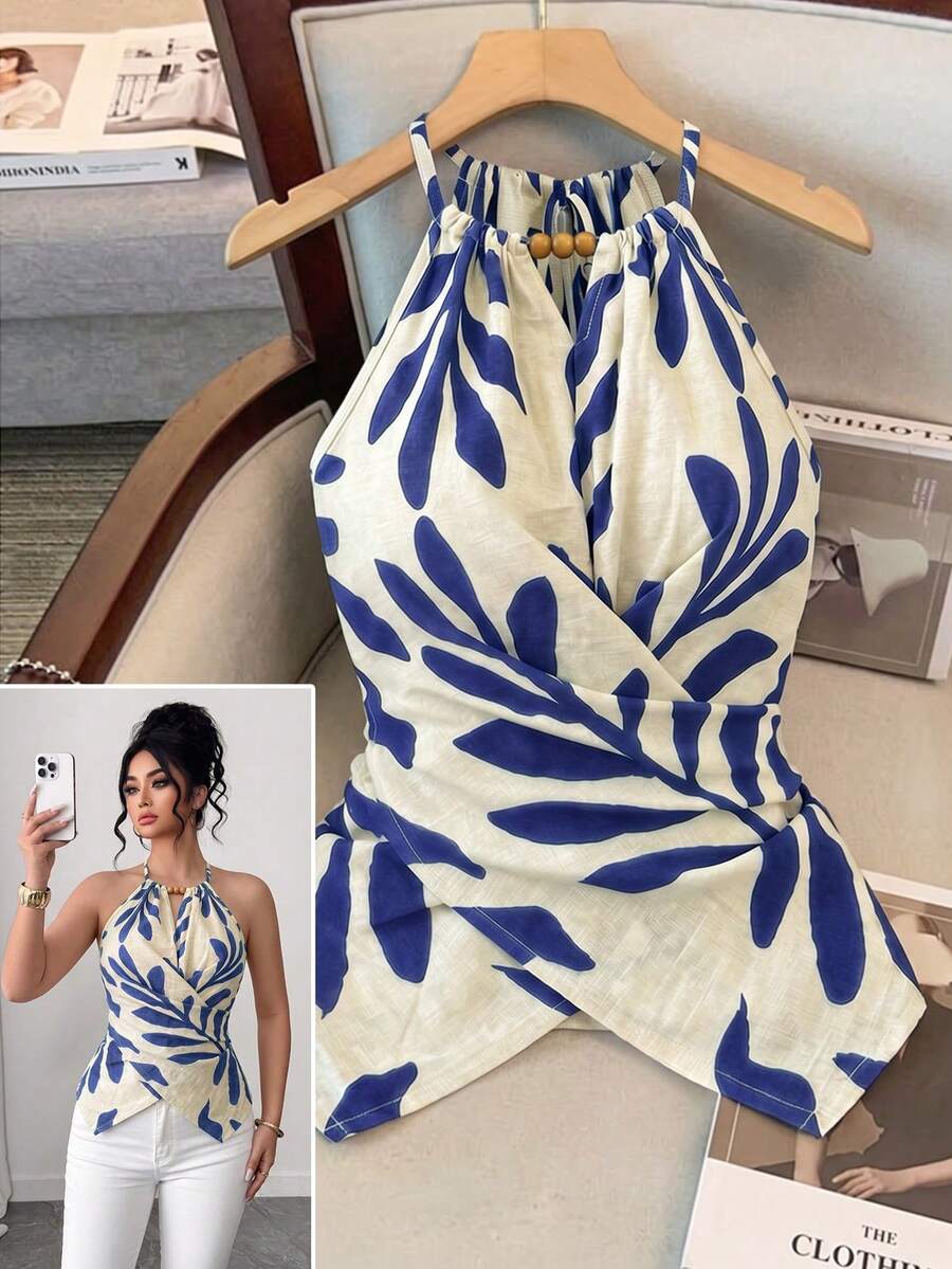 GlowEve CURVE Fashion Casual Elegant Botanical Print Plus Size Women's Halter Neck Tank Top - Blue - View 1
