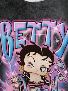 Betty Boop x SHEIN Plus Size Women's Round Neck Letter Cartoon Print Casual Versatile Daily Outing Short Sleeve T-Shirt - White - View 6