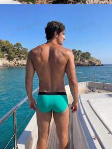Manfinity Swimmode 2026新款拼色繩飾男士泳褲，黑色，適合夏季休閒海灘度假與泳池派對 - 彩色 - 查看 2