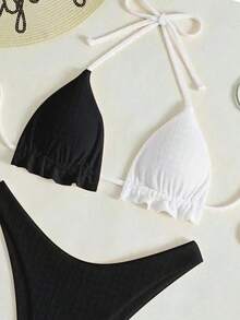 Swim Basics Damen Sommer Strand Farbblock Neckholder Bindung Sexy Mode Bikini Zweiteiler Badeanzug Set, ohne Bügel - Schwarz und Weiss - Übersicht 4