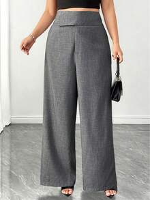 SHEIN Clasi Plus Size Women High Waist Asymmetric Button Narrow Leg Pants Office White Autumn Streetwear Fall - Grey - View 3