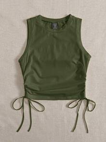 Comfortcana Knitted Casual Plus Size Women's Solid Color Side Drawstring Tank Top - Army Green - View 3