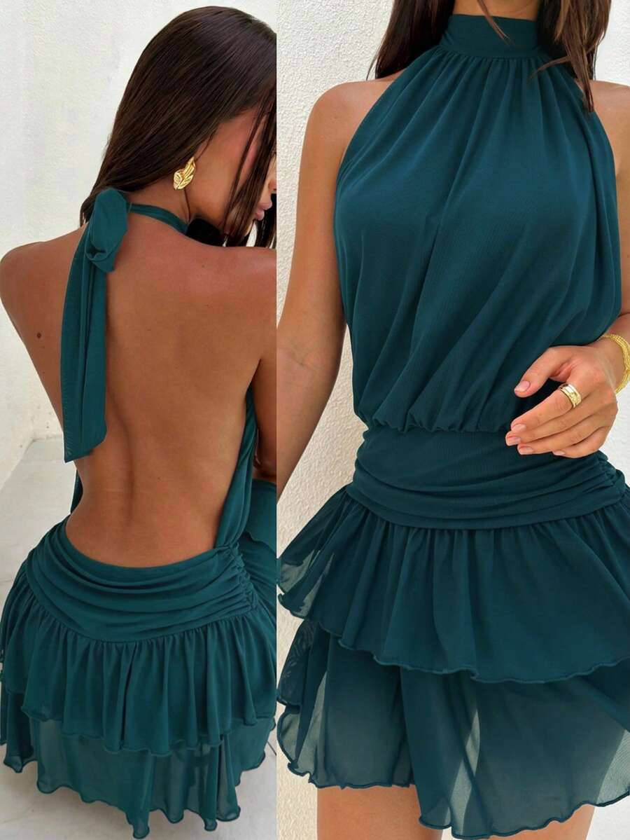 Aloruh Women's Sexy Elegant Halter Neck Ruched Waist Ruffle Double Layer Hem Mini Dress - Teal Blue - View 1
