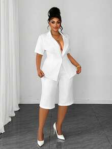 Maweii Plus Size Women's Minimalist Commuter Lapel Blazer Short Sleeve Shorts Solid Color 2-Piece Set - White - View 5