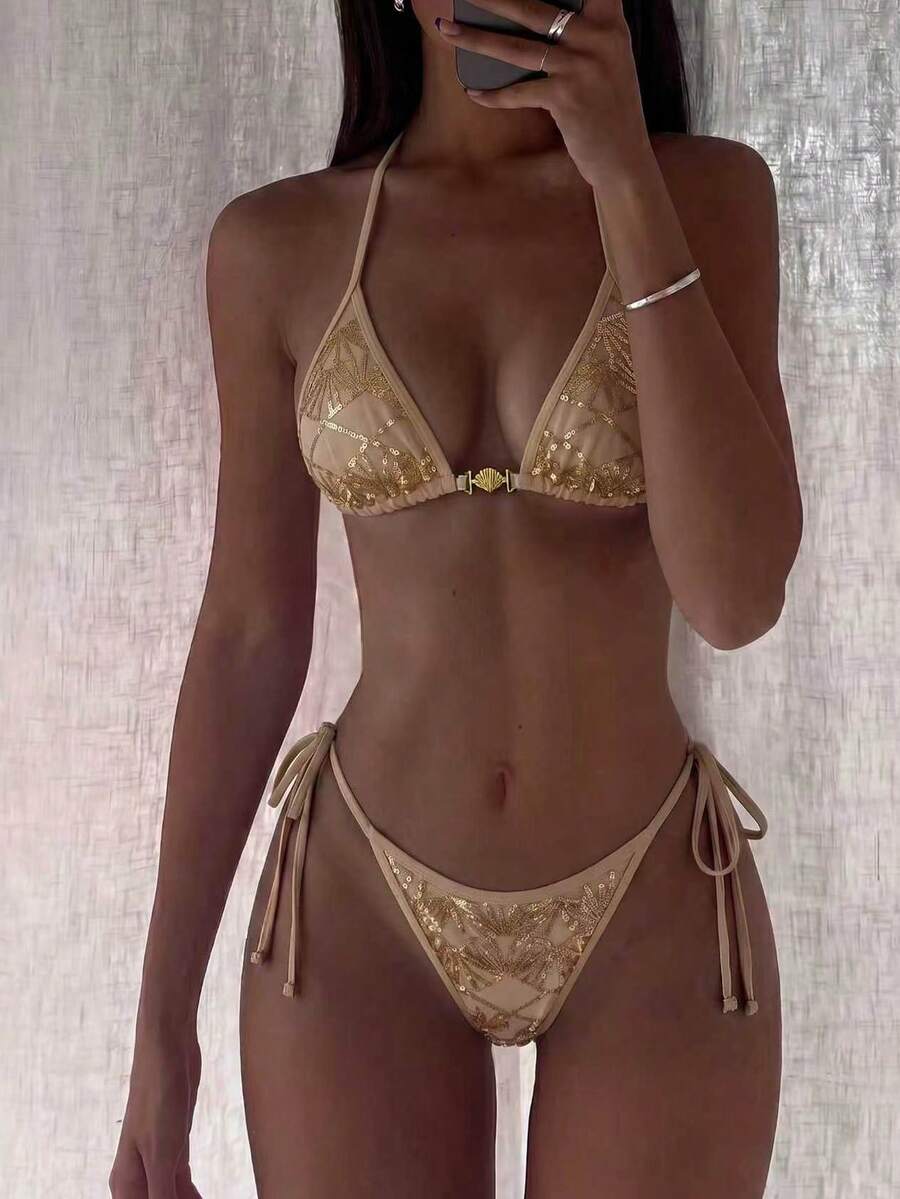 Bonvoyette 女款夏季海灘亮片掛脖綁帶性感時尚比基尼兩件式泳衣套裝 - 卡其色 - 查看 1
