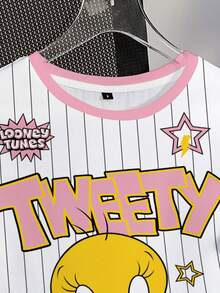 LOONEY TUNES X SHEIN 女士休闲运动时尚街头日常通勤趣味卡通字母条纹印花短袖T恤，夏季 - 白色 - 查看 4