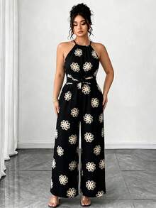 SHEIN LUNE CURVE Plus Size Women's Elegant Spaghetti Strap Printed Pattern Jumpsuit Suitable For Vacation Beach Black Summer - Black - View 3