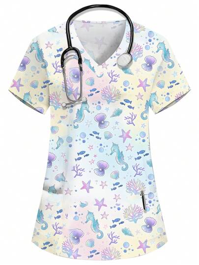 PopScrub Women's Multi-Color V-Neck Short Sleeve Double Pocket Cute Cartoon Pattern, Cute Marine Animal Pattern Print, Nurse Doctor Work Uniform Top Health Checkup Scrub Uniform Pet Grooming Work Uniform Top Nutritionist Work Uniform Short Sleeve Lab Work Uniform, Multi-Pocket Highly Functional Work Uniform, Highly Functional Women's Holiday Clothing, Cute