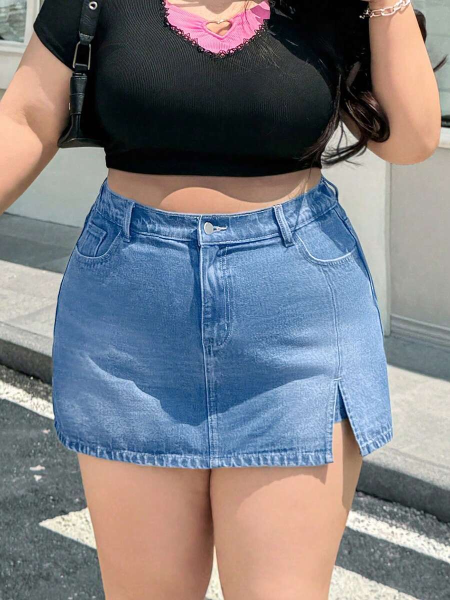 SHEIN ICON 大尺碼女款休閒牛仔裙褲 - 淺色水洗藍 - 查看 1
