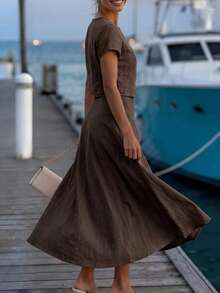 Editum Women's Summer Casual Elegant Solid Color Shirt And Skirt Two Pieces Set Office Vacation Wear, Boat Trip Holiday Outfits, Festival Party Coffee Brown - Coffee Brown - View 2