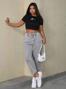 SHEIN ICON Plus Size Women's Washed Carrot Leg Jeans, Simple Everyday Design With Pockets - Grey - View 3