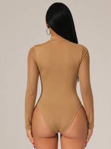 Radiana Khaki Women Fashion Asymmetric Cut Out Long Sleeve Mock Neck Bodysuit With Mesh Detail For Clubwear - Khaki - View 3
