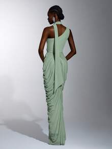 Elitara Elegant Dusty Rose Green Mesh Irregular Neckline Draped Pleated Flowing Ribbon Floor-Length Evening Gown For Wedding Party Formal Occasion - Green - View 5