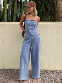 Livesso Women Casual Denim Tube Top And Pants Set - Blue - View 4
