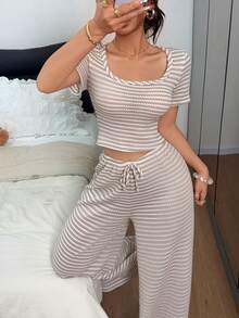 Napfluff 女款針織條紋休閒寬腿睡衣套裝 - 杏色 - 查看 5