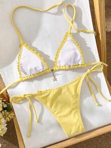 Elavelle Spring/Summer Women's Solid Color Halter Neck Ruffle Bikini Set - Yellow - View 2