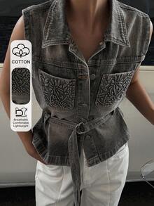 Livesso Collared Sleeveless Patchwork Tie-Waist Women Denim Jacket And Coat Travel Vacation Gray Summer Casual Streetwear - Blue - View 1