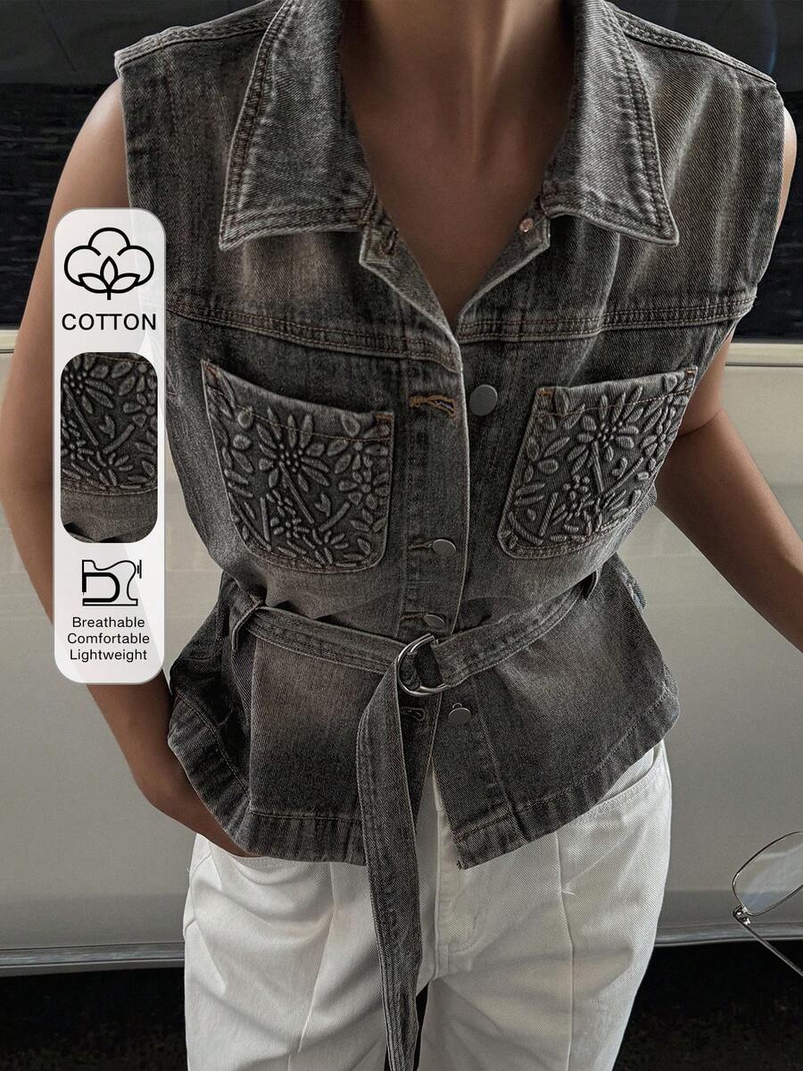 Livesso Collared Sleeveless Patchwork Tie-Waist Women Denim Jacket And Coat Travel Vacation Gray Summer Casual Streetwear - Blue - View 1