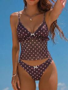 Swim Mod Conjunto de traje de baño tankini de 2 piezas con estampado de lunares, tirantes finos, decoración de lazo con volantes y top triangular, talla estándar para mujer - Multicolor - Ver 3