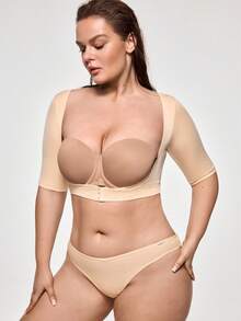 SHAPORA Bustier de manga corta con botones frontales y unicolor elástico para dar forma, talla grande - Beis - Ver 5