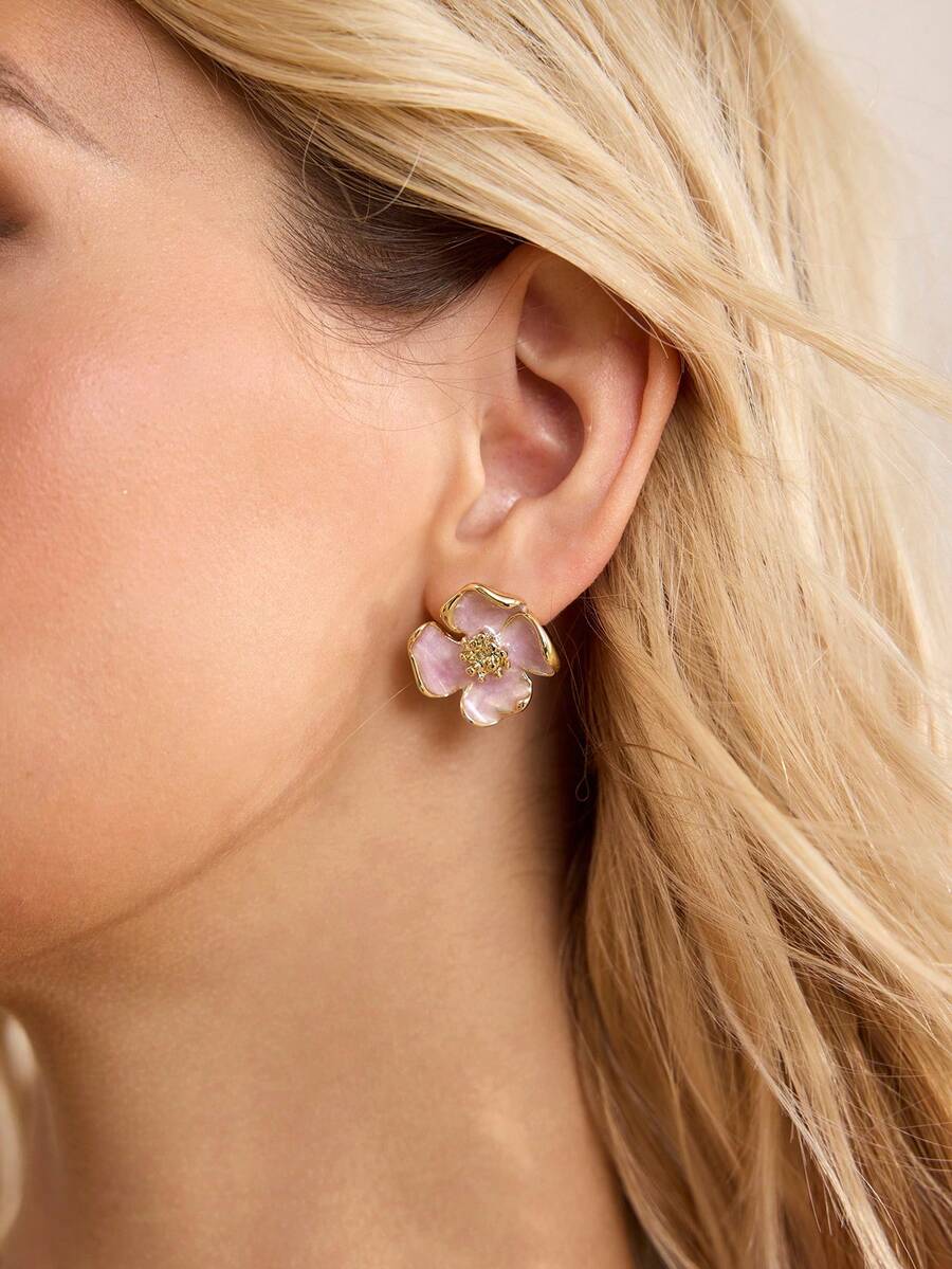 MOTF PREMIUM Pre18k Gold Plated Flower Purple Oil Drop Temperament Earrings - Purple - View 2