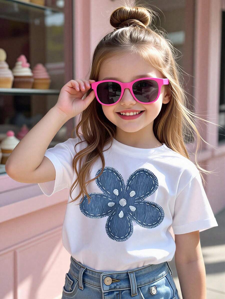 Elladie kids 1件女童休闲可爱碎花夏季度假印花针织圆领短袖T恤,适合夏季度假外出穿着,2026春夏新款,夏季穿搭 - 白色 - 查看 1