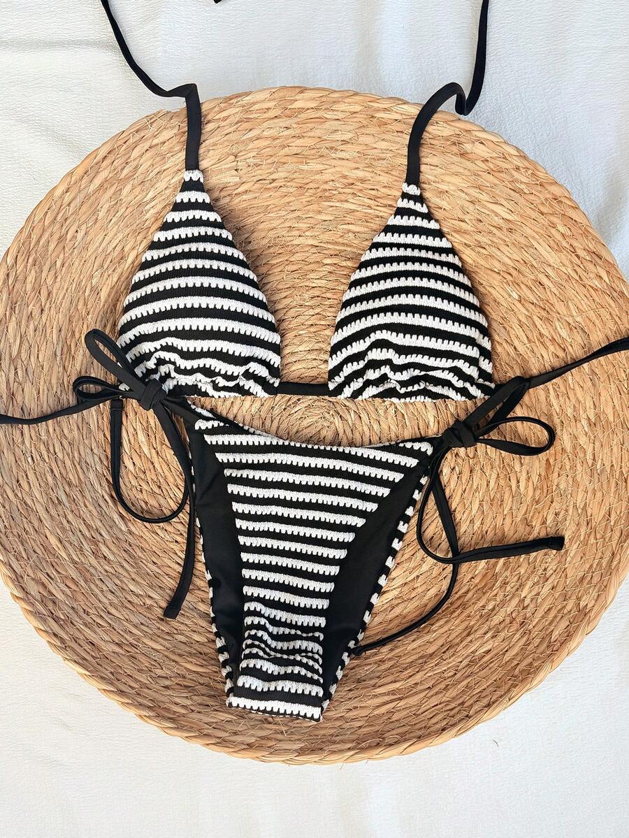 Swim Vcay 2026春夏棕色與白色鉤編布料細肩帶掛脖式後綁帶側綁高衩丁字褲比基尼2件套女款,甜美度假風 - 彩色 - 查看 1