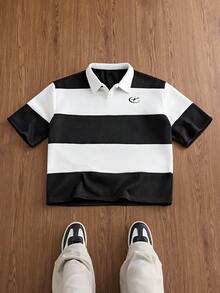 SWAVVY Men's Short Sleeve Striped Colorblock Polo Shirt With Collar - Black and White - View 2