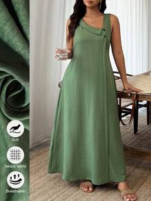 Weeklong Vestido Longo A-Line Casual de Primavera/Verão para Férias com Decote Assimétrico Sem Mangas Plus Size Feminino - Verde - Visão 1
