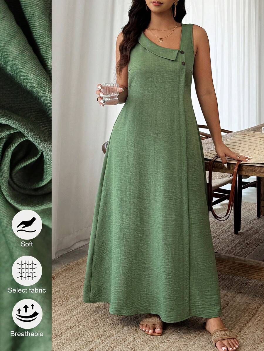 Weeklong Vestido Longo A-Line Casual de Primavera/Verão para Férias com Decote Assimétrico Sem Mangas Plus Size Feminino - Verde - Visão 1