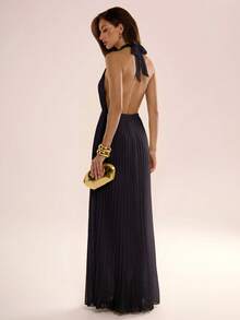 Avenya Vestido con cuello en V y corbata de cuello de gasa plisada 3D - Negro - Ver 5