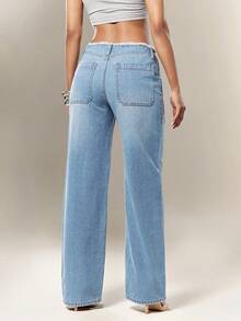 Denimoi Celana Jeans Denim Low Rise Raw Edge Straight Leg, Jeans Low Rise, Jeans Denim Low Rise, Busana Modis Y2K, Jeans Seksi, Bawahan Seksi, Gaya Musim Panas, Busana Musim Panas untuk Wanita, Busana Konser - Medium Wash - View 4