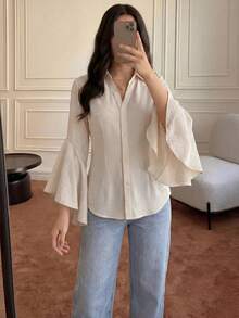 Solavon 女款素色單排扣休閒百搭日常穿搭阿拉伯風襯衫 - 杏色 - 查看 3