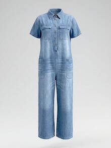 EMERY ROSE EMERY ROSE Women's Short Sleeve Button-Up Half-Placket Utility Pocket Casual Denim Jumpsuit Jumpsuits For Women Rompers For Women Summer Overalls For Women - Light Wash - View 3