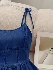 SHEIN MOD Women's Lace-Up Spaghetti Strap Denim Mini Dress - Dark Wash - View 4