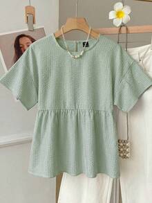 SHEIN EZwear 女款大尺碼條紋圓領短袖休閒上衣 - 薄荷綠 - 查看 8