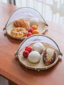 1pc Handwoven Food Service Tent Basket Tray, Fruit Outdoor Cover Insect Bamboo Woven Storage Basket Picnic Scoop Tool - Wood Color - View 11