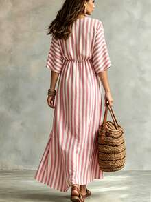 Breezaya Zanzea Plus Size Women's Vertical Striped Dress,Cotton Linen Holiday Beach Vacation Outfits,Summer Tropical Tea Party Casual Pastel Pink Spring Dress - Pink - View 2
