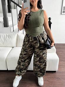 SHEIN Essnce 大码女式时尚清凉罗纹针织背心和迷彩裤套装 大码女式夏季服装乡村演唱会服装新款时尚休闲街头运动绿色两件套 - 軍綠色 - 查看 4