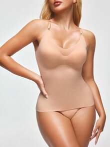 SHEIN Top ajustado de mujer con borde de concha de unicolor, para hacer ejercicio - Café integral - Ver 5