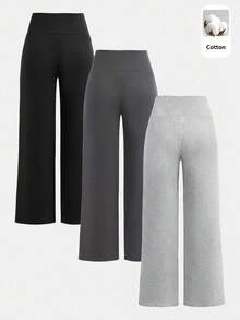 SHEIN Girlism 青少年女孩秋冬針織黑色深灰色淺灰色高腰寬腰帶緊身直筒寬腿長褲 百搭簡約舒適街頭風 3件套 加厚刷毛保暖內裡 - 彩色 - 查看 2